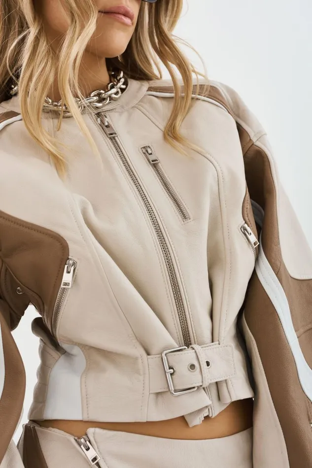Women DUSTIN Leather Racer Jacket Bonewinter Whitemocha LAMARQUE Leather Jackets
