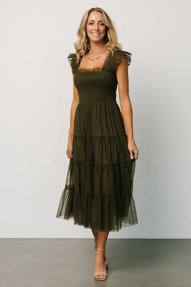 Women Emma Smocked Tulle Dress Dark Olive Baltic Born Midi Dresses