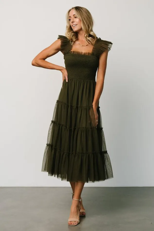 Women Emma Smocked Tulle Dress Dark Olive Baltic Born Midi Dresses Women Emma Smocked Tulle Dress Dark Olive Baltic Born Midi Dresses