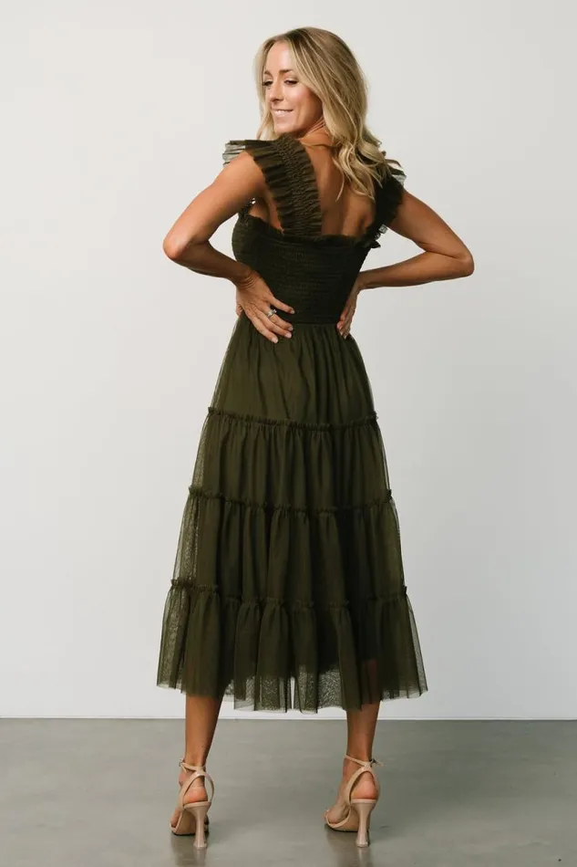 Women Emma Smocked Tulle Dress Dark Olive Baltic Born Midi Dresses Women Emma Smocked Tulle Dress Dark Olive Baltic Born Midi Dresses