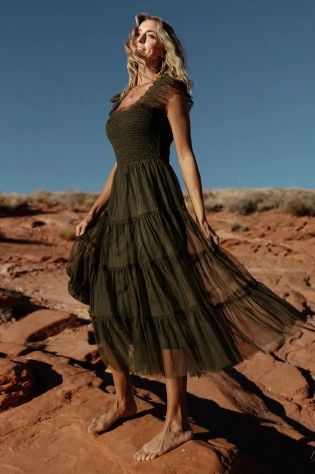 Women Emma Smocked Tulle Dress Dark Olive Baltic Born Midi Dresses Women Emma Smocked Tulle Dress Dark Olive Baltic Born Midi Dresses