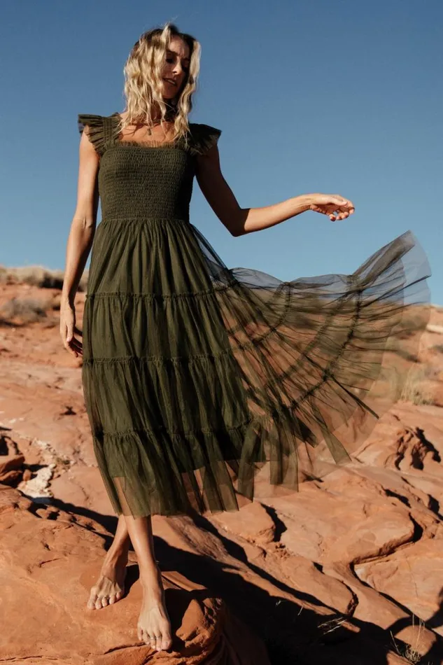 Women Emma Smocked Tulle Dress Dark Olive Baltic Born Midi Dresses Women Emma Smocked Tulle Dress Dark Olive Baltic Born Midi Dresses