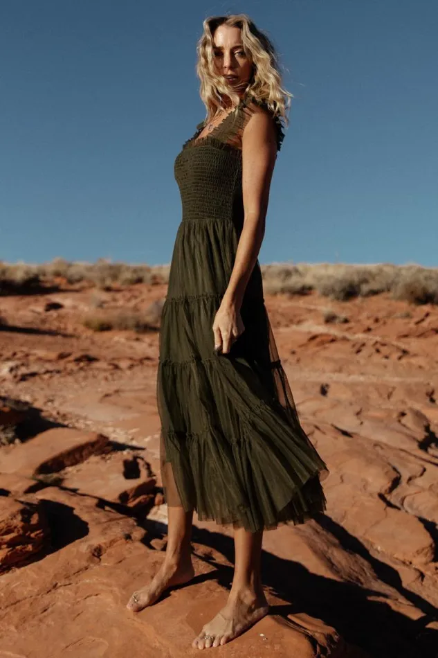 Women Emma Smocked Tulle Dress Dark Olive Baltic Born Midi Dresses Women Emma Smocked Tulle Dress Dark Olive Baltic Born Midi Dresses