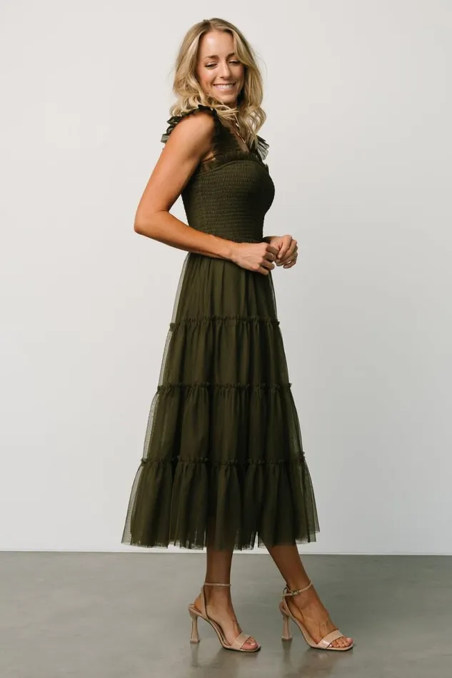Women Emma Smocked Tulle Dress Dark Olive Baltic Born Midi Dresses Women Emma Smocked Tulle Dress Dark Olive Baltic Born Midi Dresses