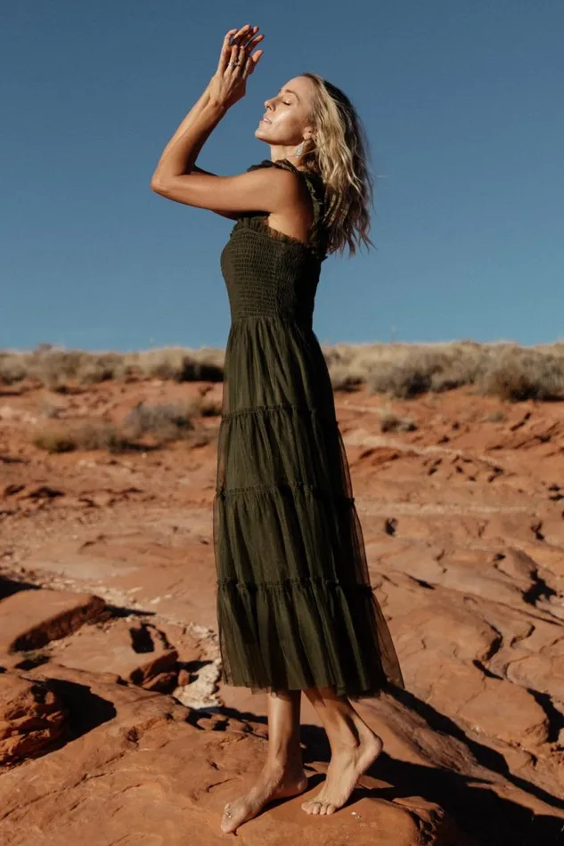 Women Emma Smocked Tulle Dress Dark Olive Baltic Born Midi Dresses Women Emma Smocked Tulle Dress Dark Olive Baltic Born Midi Dresses
