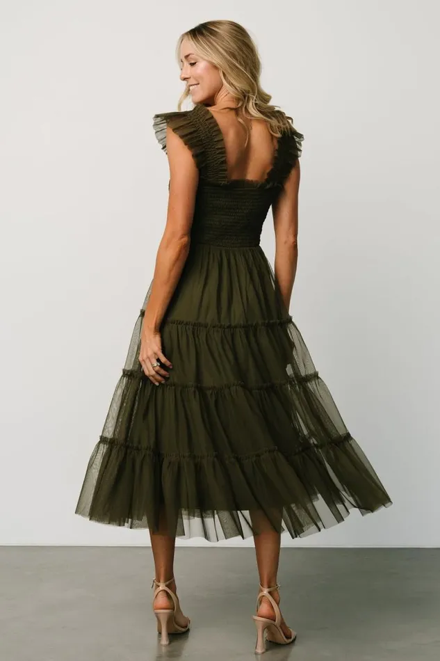 Women Emma Smocked Tulle Dress Dark Olive Baltic Born Midi Dresses Women Emma Smocked Tulle Dress Dark Olive Baltic Born Midi Dresses