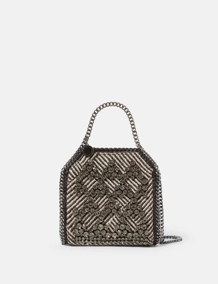 Women Falabella Tiny Crystal Cage Tote Bag Tweed Brown Stella McCartney Mini Bags And Clutches