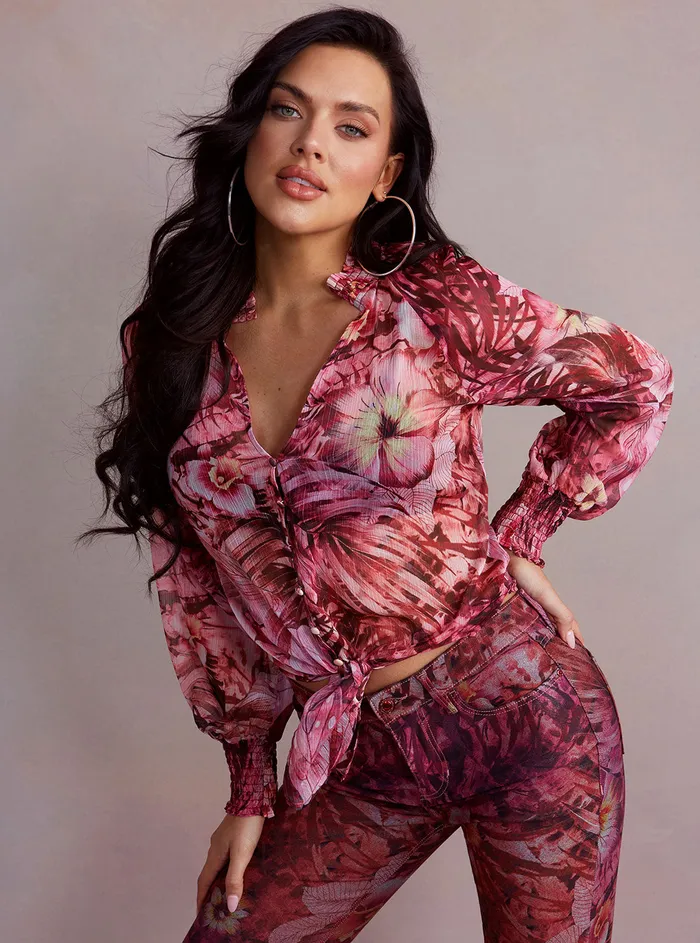 Women Fashion Tops GUESS Eco Tropical Pink Print Charley Shirt Women Fashion Tops GUESS Eco Tropical Pink Print Charley Shirt