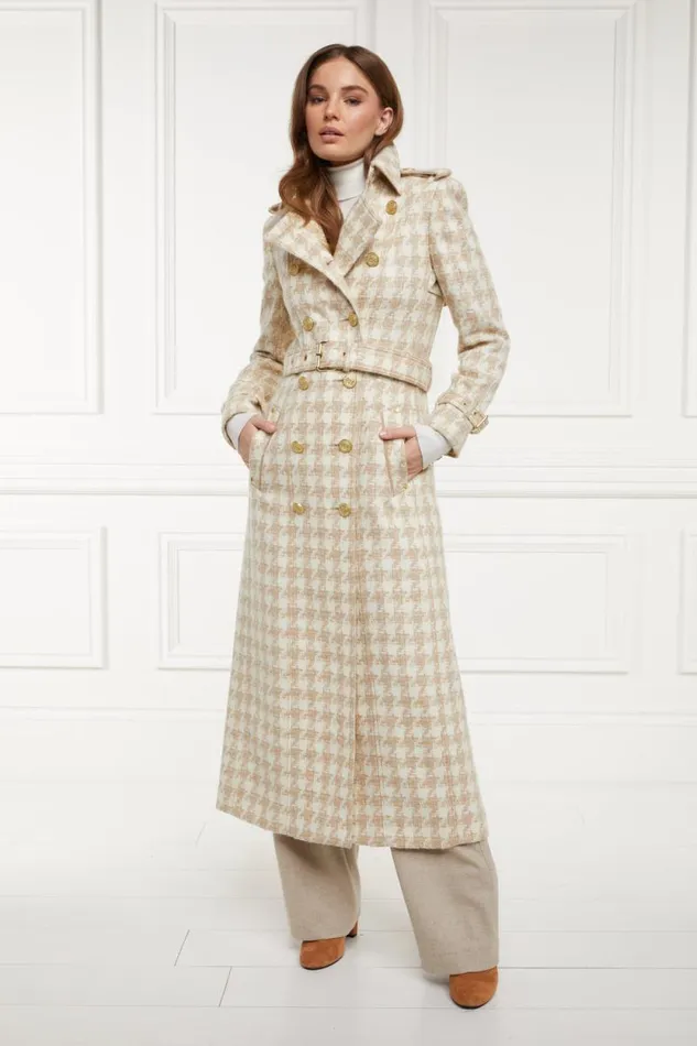 Women Full Length Marlborough Trench Coat Camel Houndstooth Holland Cooper Tailoring