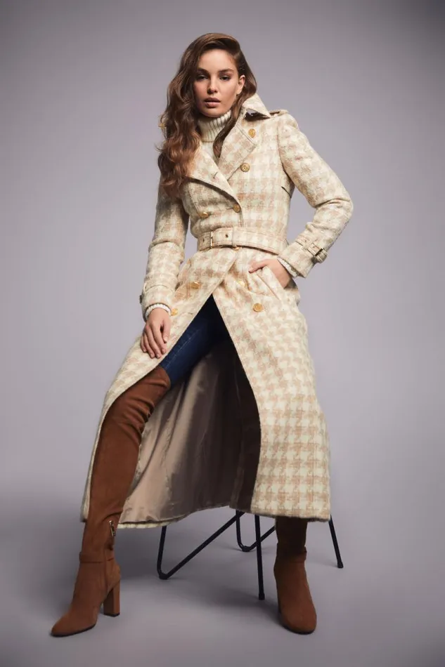 Women Full Length Marlborough Trench Coat Camel Houndstooth Holland Cooper Tailoring