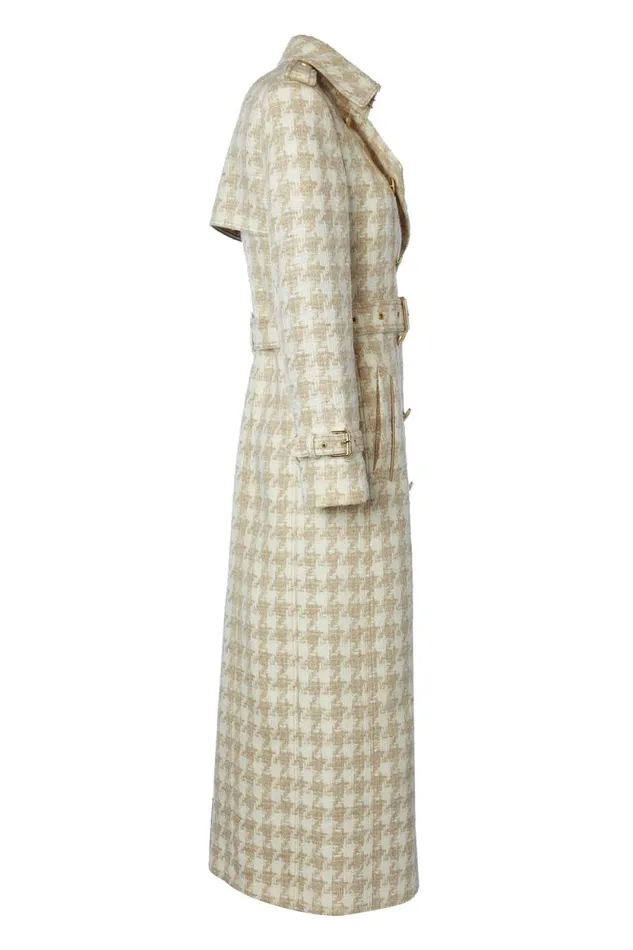 Women Full Length Marlborough Trench Coat Camel Houndstooth Holland Cooper Tailoring