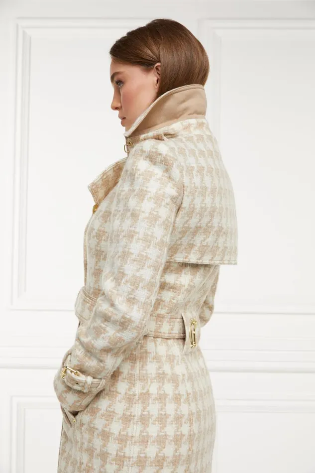 Women Full Length Marlborough Trench Coat Camel Houndstooth Holland Cooper Tailoring