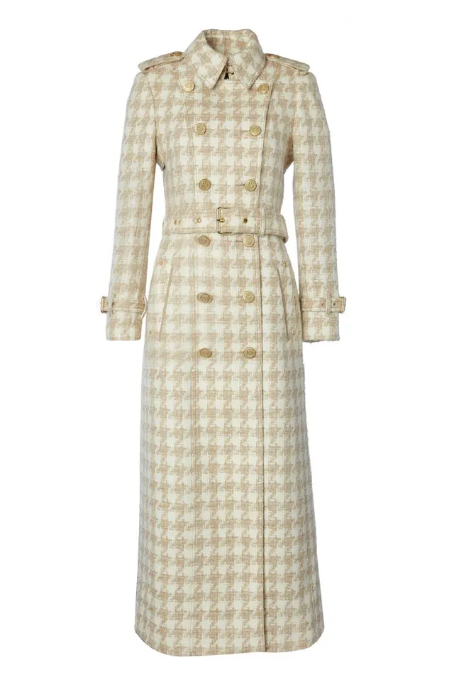 Women Full Length Marlborough Trench Coat Camel Houndstooth Holland Cooper Tailoring