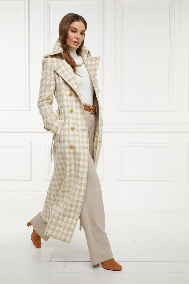Women Full Length Marlborough Trench Coat Camel Houndstooth Holland Cooper Tailoring