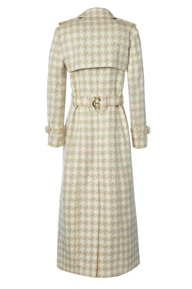Women Full Length Marlborough Trench Coat Camel Houndstooth Holland Cooper Tailoring