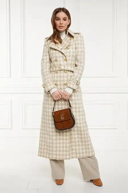 Women Full Length Marlborough Trench Coat Camel Houndstooth Holland Cooper Tailoring