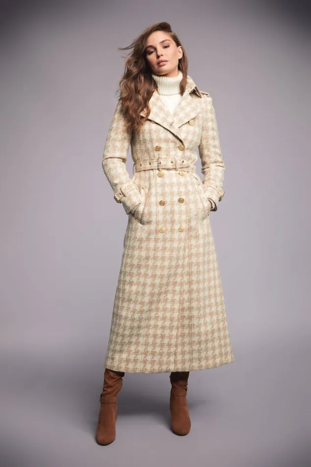 Women Full Length Marlborough Trench Coat Camel Houndstooth Holland Cooper Tailoring