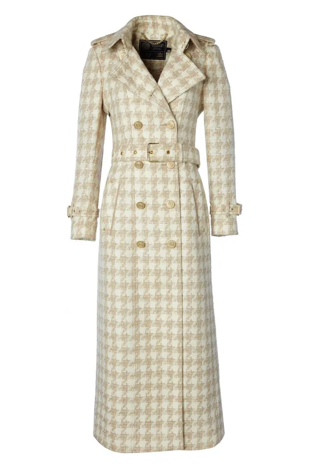Women Full Length Marlborough Trench Coat Camel Houndstooth Holland Cooper Tailoring