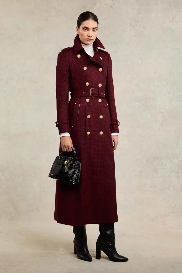 Women Full Length Marlborough Trench Coat Red Houndstooth Holland Cooper Tailoring