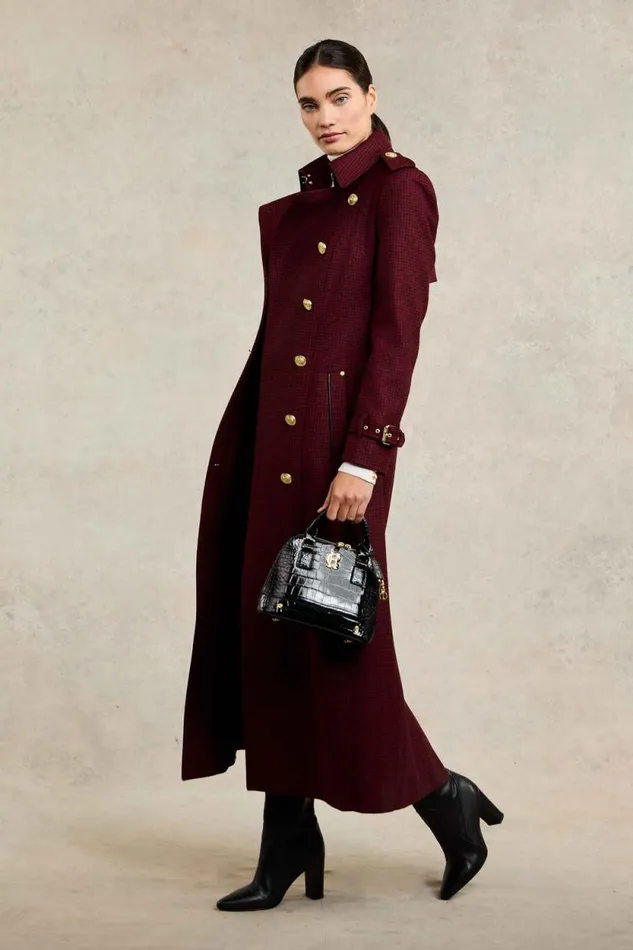 Women Full Length Marlborough Trench Coat Red Houndstooth Holland Cooper Tailoring