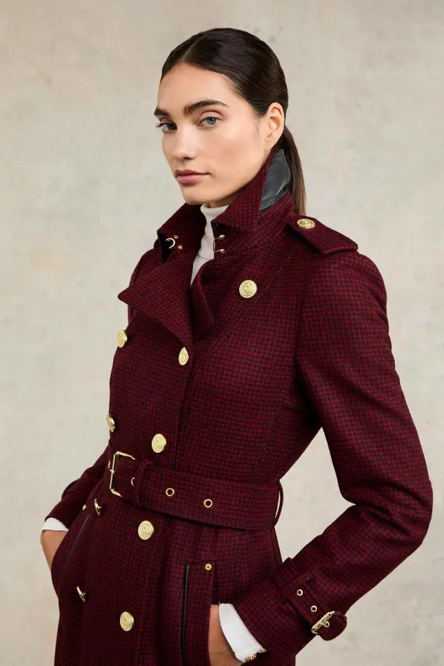 Women Full Length Marlborough Trench Coat Red Houndstooth Holland Cooper Tailoring