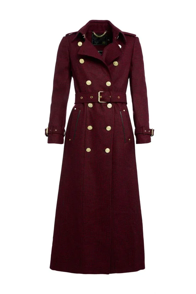 Women Full Length Marlborough Trench Coat Red Houndstooth Holland Cooper Tailoring