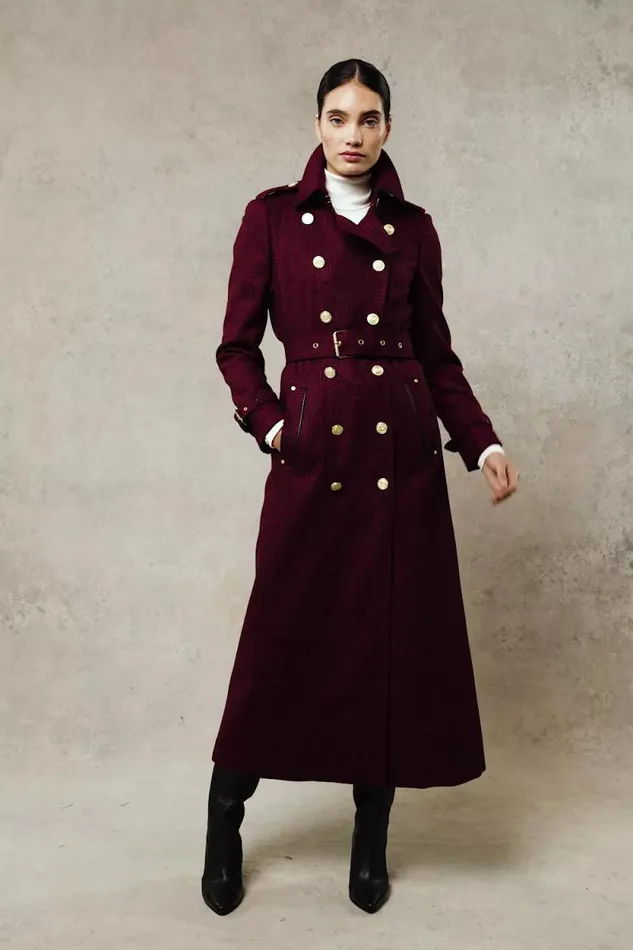 Women Full Length Marlborough Trench Coat Red Houndstooth Holland Cooper Tailoring