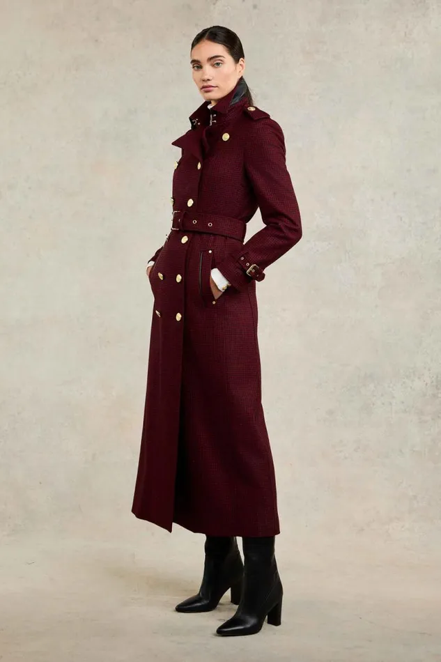 Women Full Length Marlborough Trench Coat Red Houndstooth Holland Cooper Tailoring