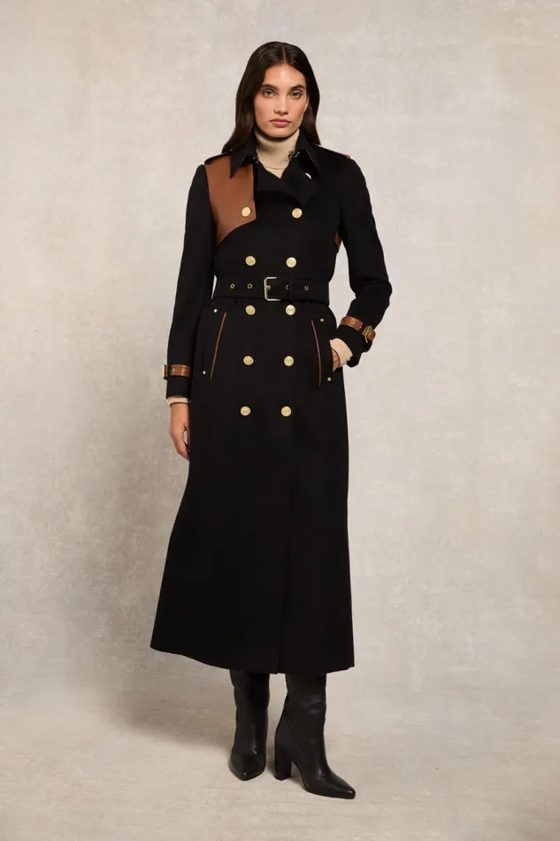 Women Full Length Marlborough Trench Coat Soft Black Tan Holland Cooper Tailoring