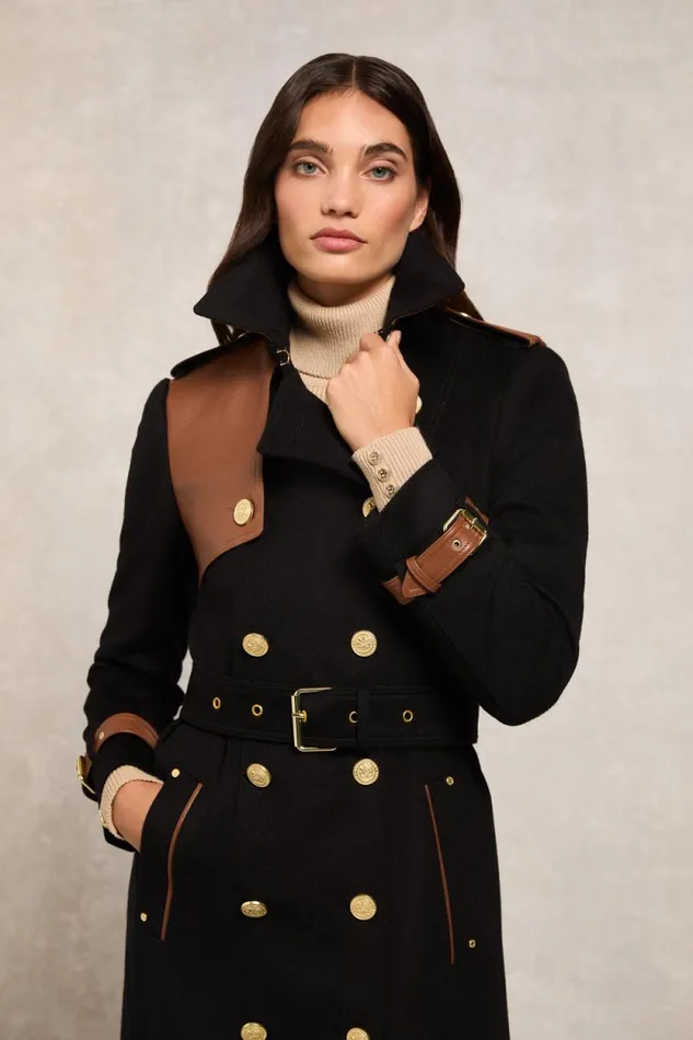 Women Full Length Marlborough Trench Coat Soft Black Tan Holland Cooper Tailoring