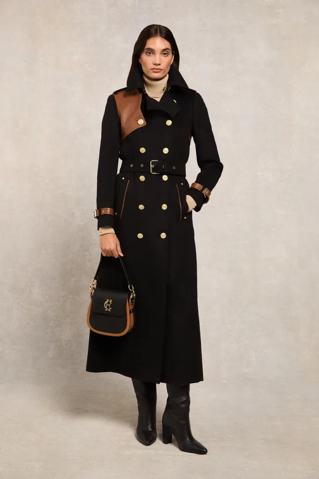 Women Full Length Marlborough Trench Coat Soft Black Tan Holland Cooper Tailoring