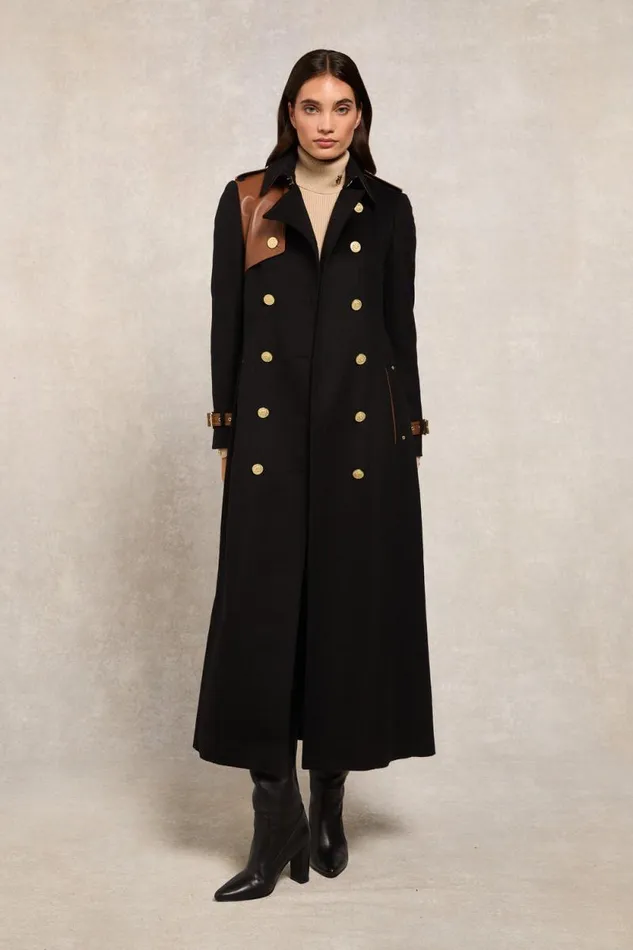 Women Full Length Marlborough Trench Coat Soft Black Tan Holland Cooper Tailoring