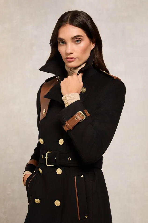 Women Full Length Marlborough Trench Coat Soft Black Tan Holland Cooper Tailoring