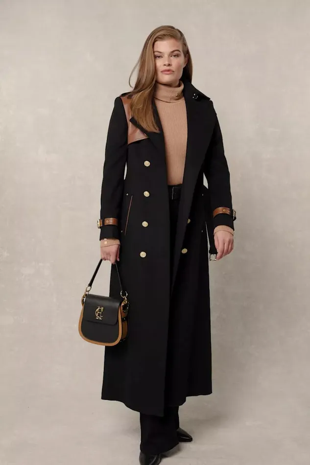 Women Full Length Marlborough Trench Coat Soft Black Tan Holland Cooper Tailoring