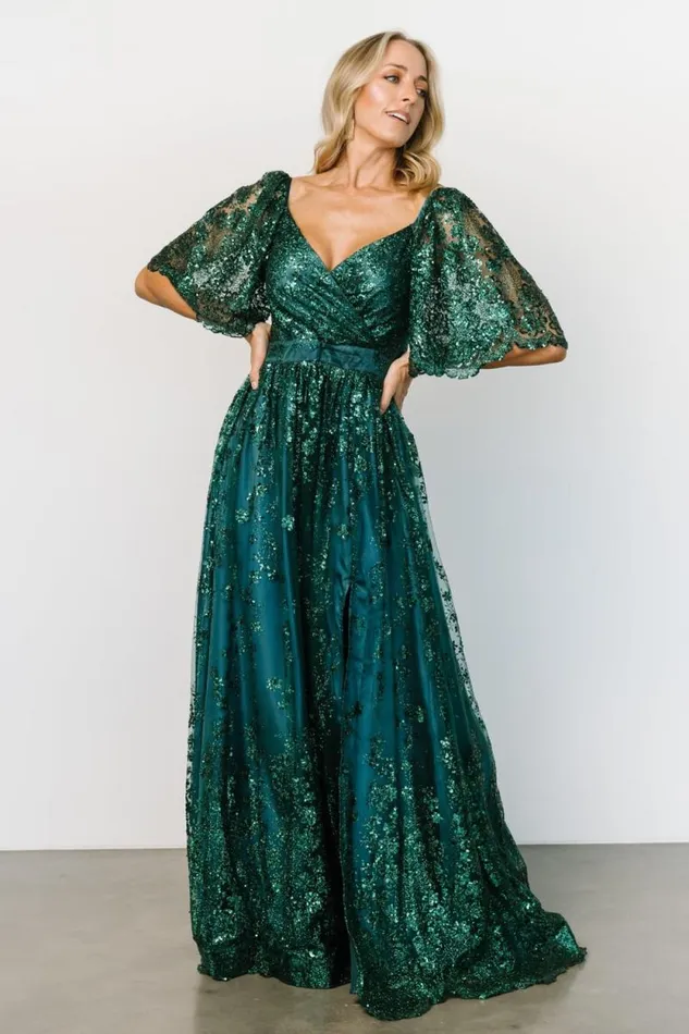 Women Genevieve Glitter Maxi Dress Emerald Baltic Born Embellished and Sequined