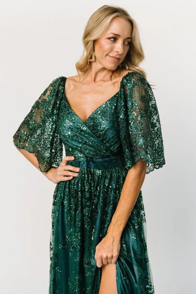 Women Genevieve Glitter Maxi Dress Emerald Baltic Born Embellished and Sequined