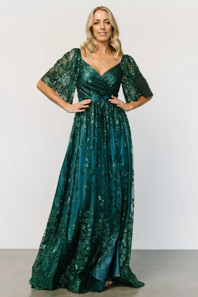 Women Genevieve Glitter Maxi Dress Emerald Baltic Born Embellished and Sequined