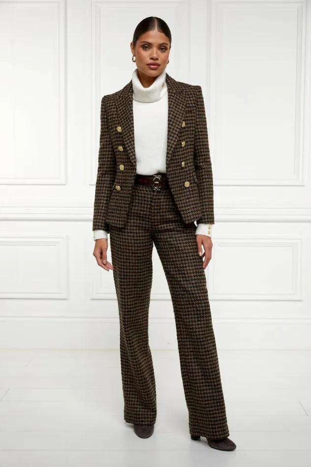 Women High Waisted Straight Trouser Chocolate Houndstooth Holland Cooper Tailoring