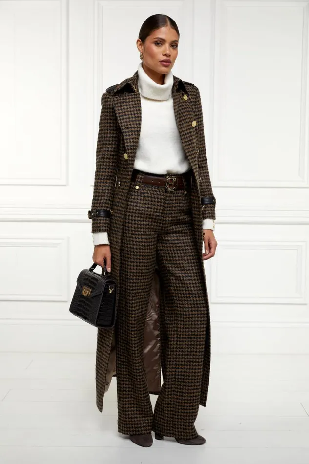 Women High Waisted Straight Trouser Chocolate Houndstooth Holland Cooper Tailoring