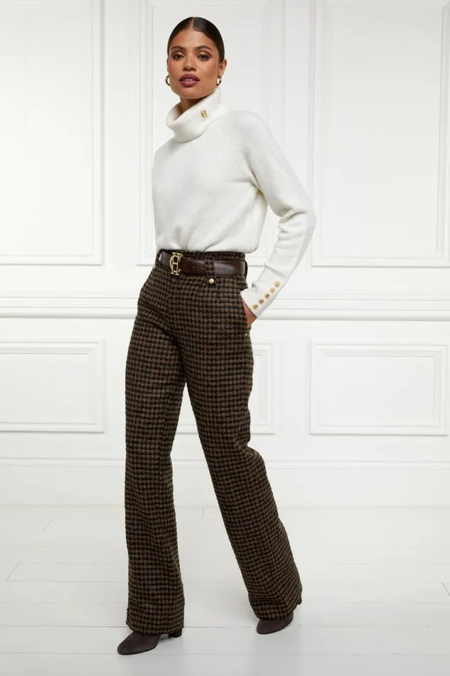 Women High Waisted Straight Trouser Chocolate Houndstooth Holland Cooper Tailoring