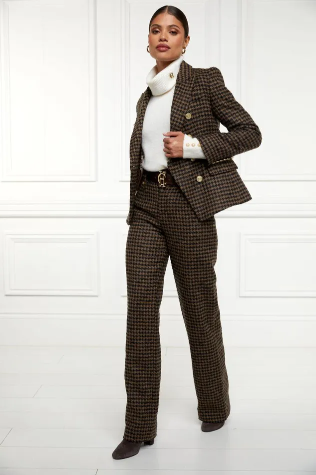 Women High Waisted Straight Trouser Chocolate Houndstooth Holland Cooper Tailoring