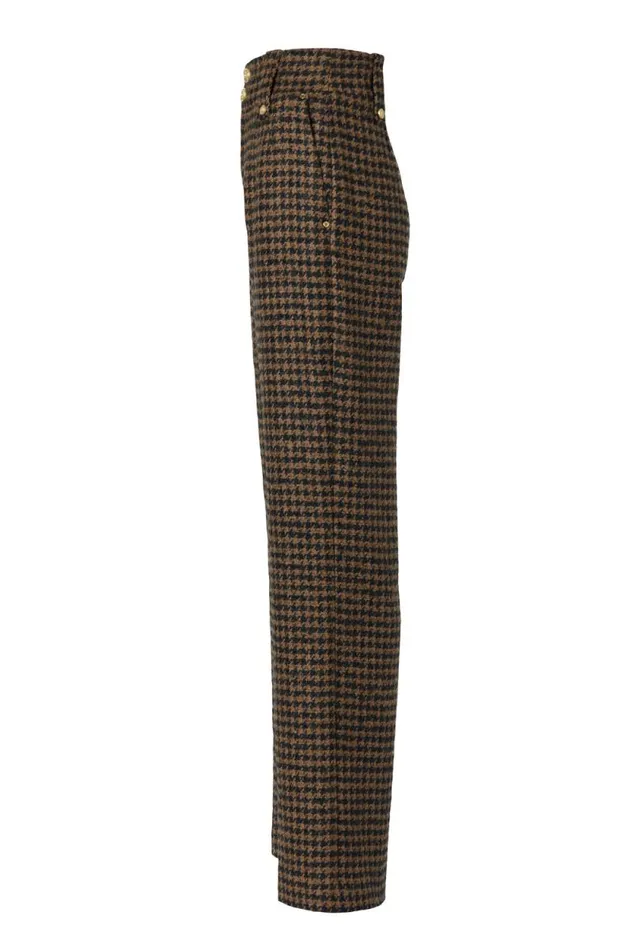 Women High Waisted Straight Trouser Chocolate Houndstooth Holland Cooper Tailoring