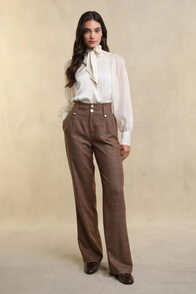 Women High Waisted Straight Trouser Clarence Check Merlot Holland Cooper Tailoring