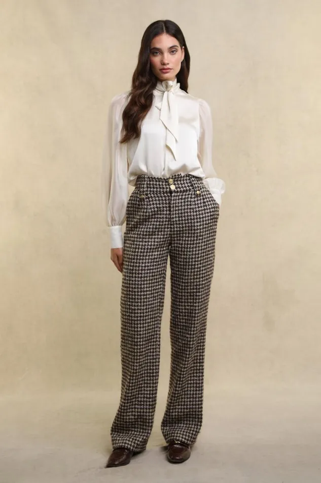 Women High Waisted Straight Trouser Coffee Houndstooth Holland Cooper Tailoring