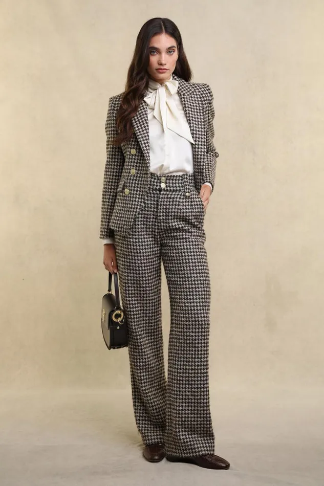 Women High Waisted Straight Trouser Coffee Houndstooth Holland Cooper Tailoring Women High Waisted Straight Trouser Coffee Houndstooth Holland Cooper Tailoring