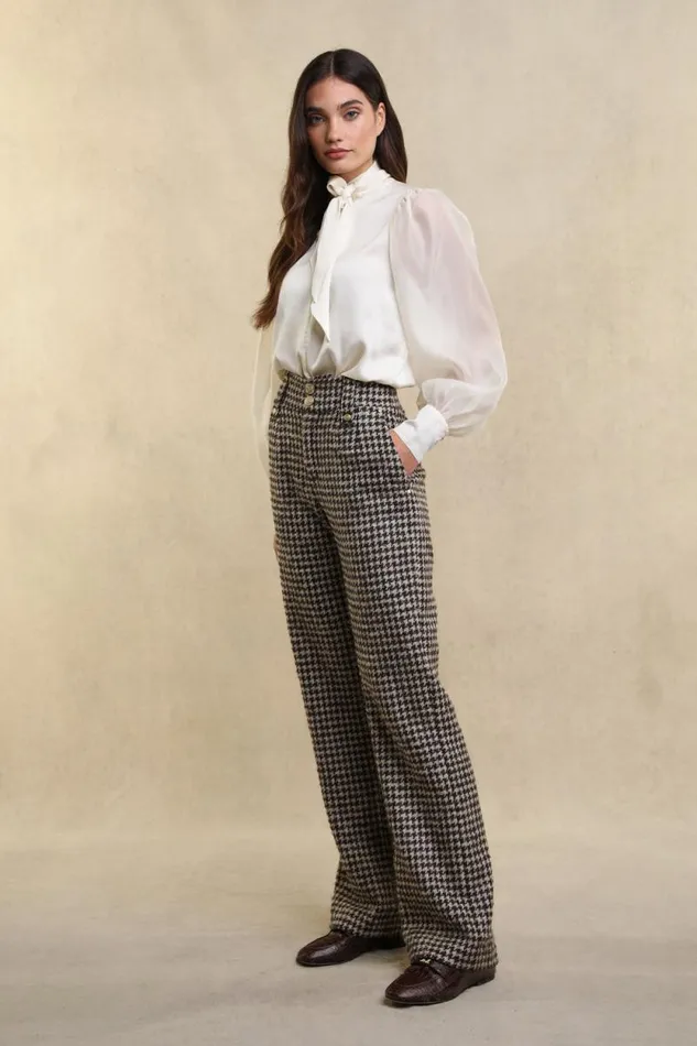 Women High Waisted Straight Trouser Coffee Houndstooth Holland Cooper Tailoring Women High Waisted Straight Trouser Coffee Houndstooth Holland Cooper Tailoring