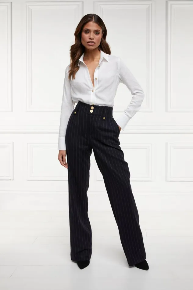 Women High Waisted Straight Trouser Navy Chalk Pinstripe Holland Cooper Tailoring