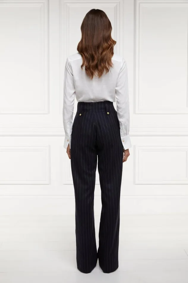 Women High Waisted Straight Trouser Navy Chalk Pinstripe Holland Cooper Tailoring