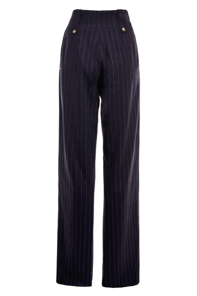 Women High Waisted Straight Trouser Navy Chalk Pinstripe Holland Cooper Tailoring