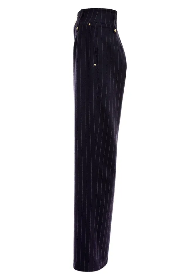 Women High Waisted Straight Trouser Navy Chalk Pinstripe Holland Cooper Tailoring